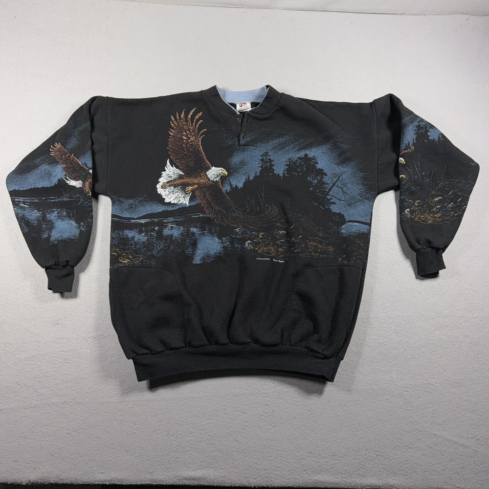 Vintage Art Unlimited Sweatshirt Mens XL Black Eagle Graphic Henley USA 90s